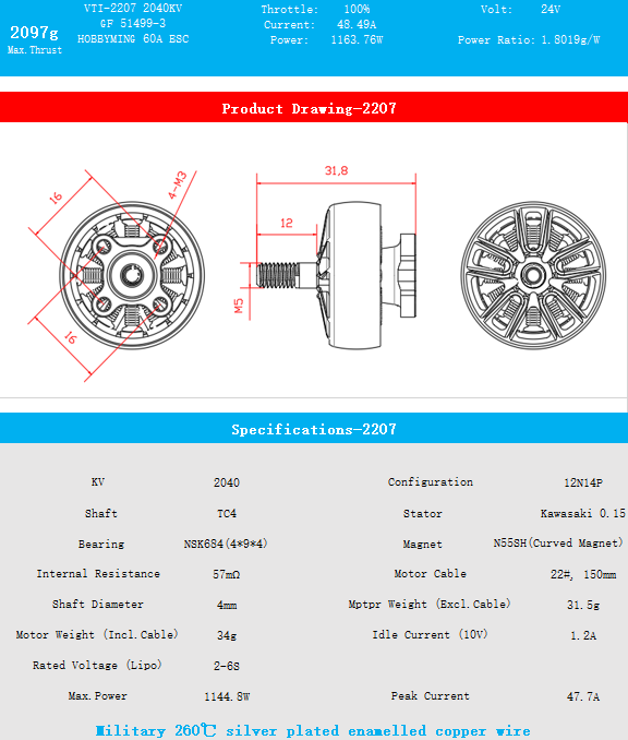 ZTINNOVATE  VTI-V3-2207-2040KV-2085KV Military 260°C silver plated enameled wire