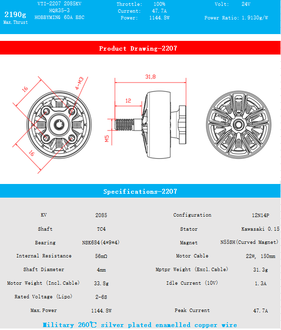 ZTINNOVATE  VTI-V3-2207-2040KV-2085KV Military 260°C silver plated enameled wire